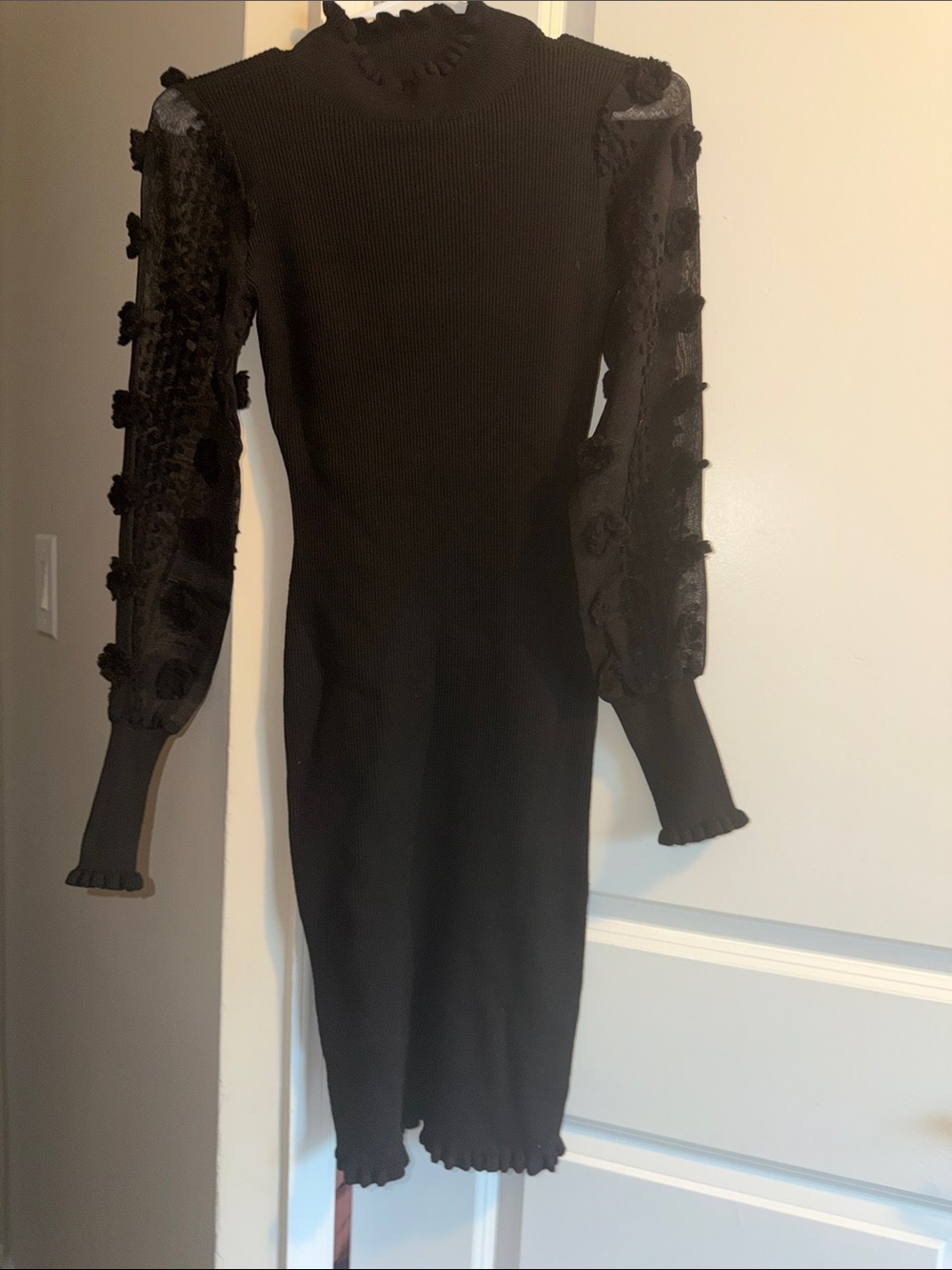 Black Long-Sleeve Knit Dress with Sheer Lace Sleeves